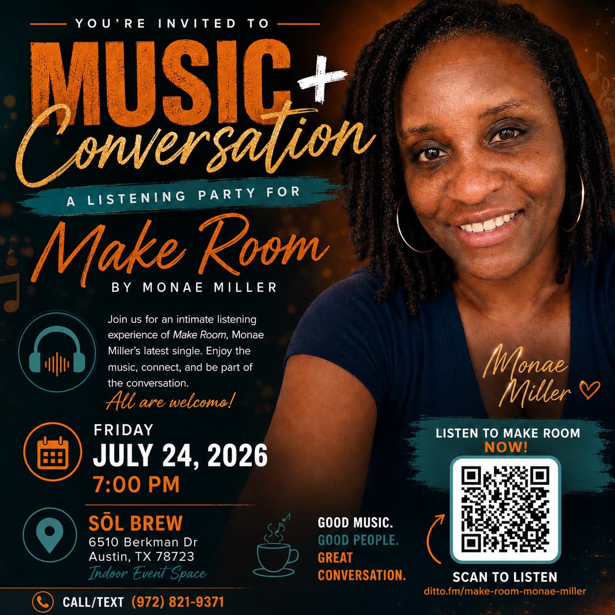 Music and Conversation listening party flyer for Make Room by Monae Miller